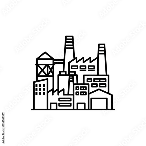Minimalist Line Art Illustration of Industrial Factory with Chimneys and Buildings