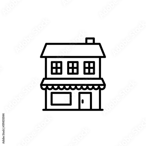 Simple Black and White Line Drawing of Small Commercial Building with Storefront