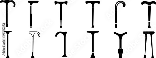 Walking Cane, Crutch and Medical Support Stick Silhouette Icon Set Isolated on White Background Featuring Mobility Aid and Orthopedic Equipment Designs