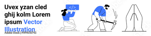 Technology, teamwork, innovation, manual labor, coding, creative process. Graphic showing a person coding, a worker mining and an abstract concept. Coding and teamwork visualization