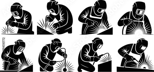 Welder Worker Silhouette Collection Performing Arc Welding with Protective Helmet and Bright Sparks Isolated on White Background for Industrial Fabrication Design