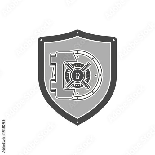 Robust financial security and data protection concept featuring a shield icon with a strong vault door, symbolizing safeguarding valuable assets and digital information