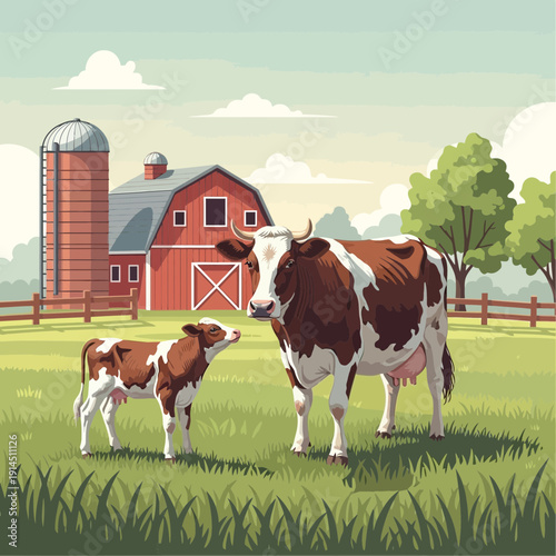 Farm Scene with Cow and Calf Grazing in a Field Near a Barn