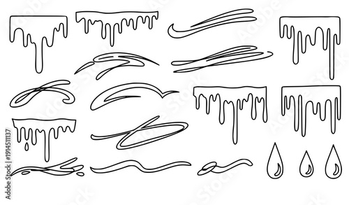 Minimal Outline Hand Drawn Ink Drip and Splash Vector Set Isolated on White