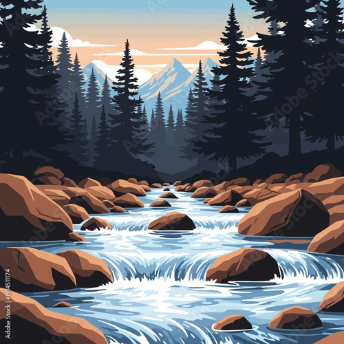 Dynamic river rapids cascade through a lush forest canyon with majestic peaks at dawn