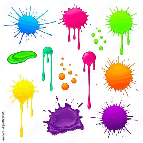 Colorful Paint Splatter and Drips Isolated on White Background