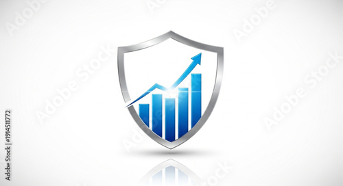 Financial security shield with upward trending bar graph.