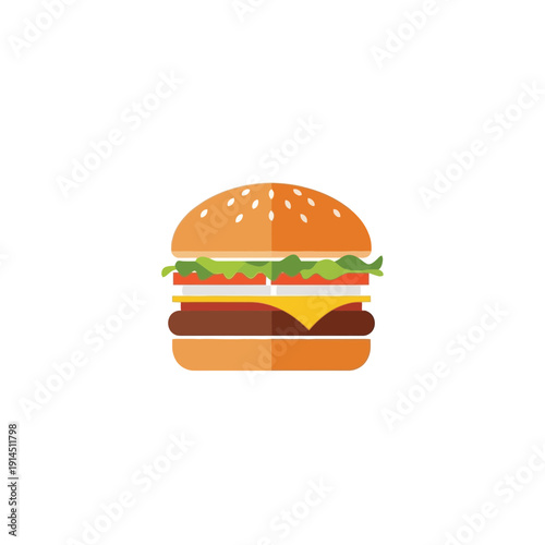 Vibrant minimalist flat design burger icon, featuring a classic stack of bun, patty, cheese, lettuce, and tomato. Great for digital menus and fast food branding