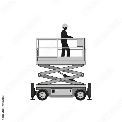 Scissor Lift Work Platform Icon. Aerial lift operator silhouette performing high-reach maintenance or construction tasks.