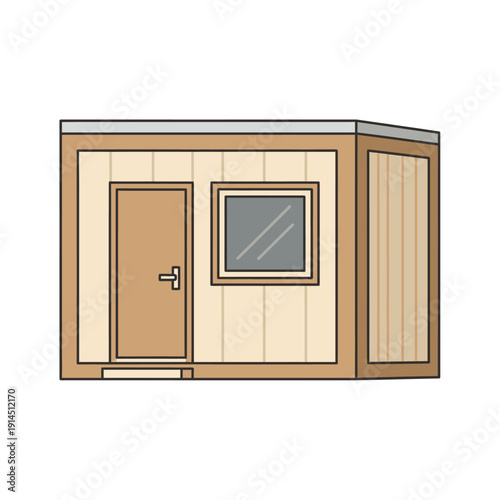 Simple Wooden Shed Vector Illustration. Storage Building Icon, Garden Hut, or Portable Modular Office Cabin Drawing Isolated on White.