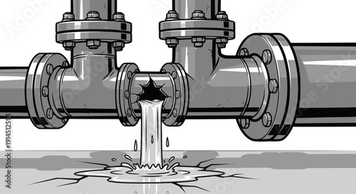 Leaking pipe with flowing water, cartoon illustration isolated on white background. Concept of economical water consumption. Vector illustration, transparent background SVG version.