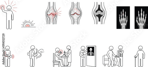 Joint pain and arthritis medical silhouette icons, orthopedic symptoms diagnosis and treatment concepts, healthcare vector illustration collection black white set