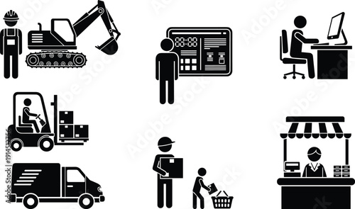 Logistics and retail worker silhouette icon set, construction operator cashier delivery driver warehouse forklift office and shopping service vector illustration