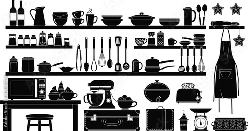 Kitchen utensil and cookware icon set, cooking tools appliances silhouette collection, baking kitchenware vector illustration isolated culinary equipment design pack