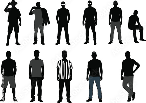 Male standing silhouettes set, casual men poses collection, fashion outfit styles, urban lifestyle people vector illustration isolated character pack