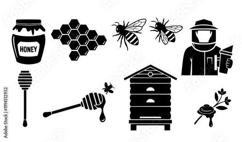 Beekeeping and Honey Black Vector Icon Set