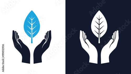Hands holding a leaf icon - Blue icon set - Modern style icon - Vector icon set - Glyph and solid icon set - Icon vector - Flat Design Icon - Stock illustration