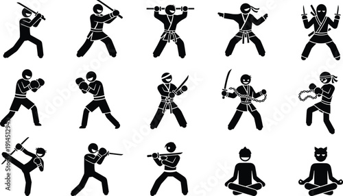 Ninja, martial, art, fighter, icon, set, karate, combat, weapon, action, silhouette, sport, training, vector, illustration, warrior, defense, movement, design, collection