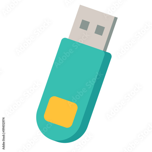Teal USB flash drive for school data storage, student digital projects, campus technology, educational files, and modern learning equipment with flat design illustration style.
