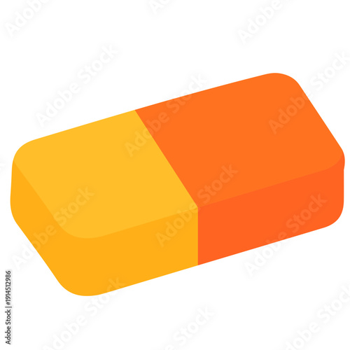 Orange and yellow eraser for school corrections, student writing tools, classroom supplies, educational materials, and essential stationery with colorful flat design illustration style.
