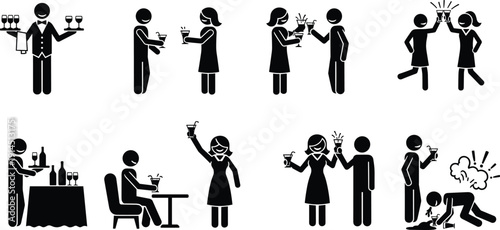 Party, drinking, people, icon, set, alcohol, celebration, cocktail, bar, lifestyle, silhouette, social, fun, vector, illustration, nightlife, toast, behavior, design, collection