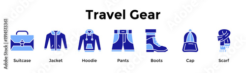 Travel Gear Icon Set Collection Pack Banner Web Vector Illustration  Concept Containing Suitcase, Jacket, Hoodie, Pants, Boots, Cap, Scarf