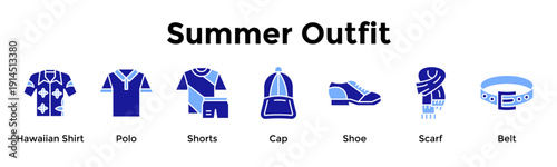 Summer Outfit Icon Set Collection Pack Banner Web Vector Illustration  Concept Containing Hawaiian Shirt, Polo, Shorts, Cap, Shoe, Scarf, Belt