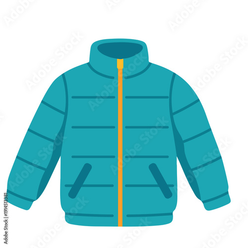 Teal winter jacket for school outdoor activities, student warmth, campus clothing, educational field trips, cold weather gear, and seasonal wear with flat design illustration style.
