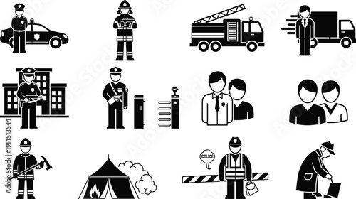 Police and emergency service silhouettes set, firefighter officer security icons, public safety authority black stick figure vector illustration collection