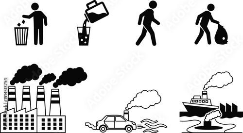 Pollution, environment, waste, recycling, icon, set, trash, factory, smoke, emission, car, oil, silhouette, vector, illustration, ecology, warning, contamination, design, collection