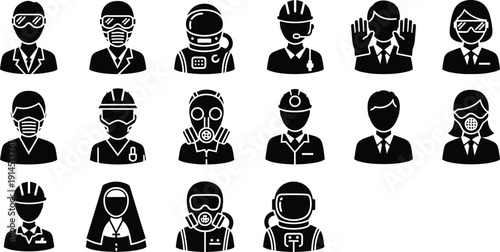 Profession, worker, safety, mask, helmet, icon, set, medical, astronaut, engineer, protection, uniform, silhouette, people, vector, illustration, industry, job, design, collection