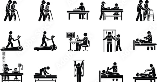 Rehabilitation, physiotherapy, therapy, medical, healthcare, icon, set, patient, exercise, recovery, treatment, hospital, silhouette, people, vector,