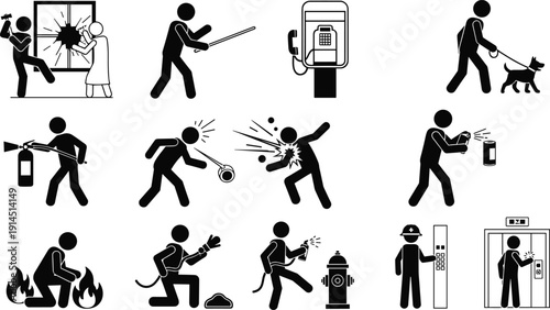 Security guard patrol and emergency action silhouette icons, safety protection activities with fire extinguisher alarm response, black white vector illustration