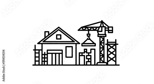 Construction Site Illustration Showing Building Framework and Crane in Progress