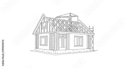 Construction Site of a Modern Wooden House Frame in Progress with Roofing and Structural Elements