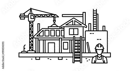 Construction Site with Building Framework and Worker in Safety Gear