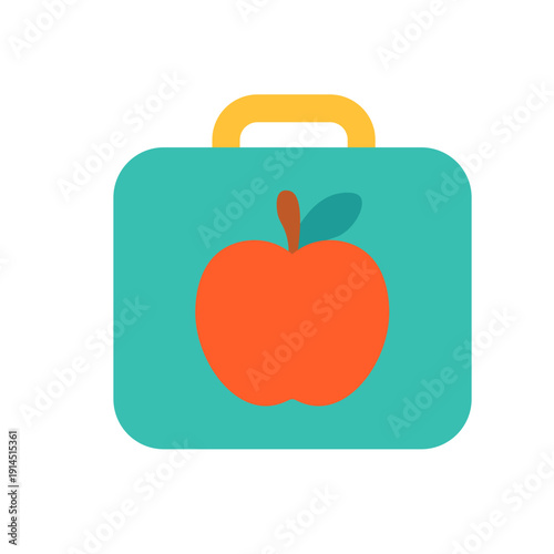 Teal lunch box with apple design ideal for school meals, healthy eating, student nutrition, food storage, cafeteria, and educational health materials with flat style.