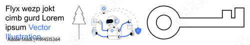 Security systems, robotics, automation, navigation, technology design, artificial intelligence. Central robot with key symbol, dotted lines and tree icon. Security systems and robotics concept