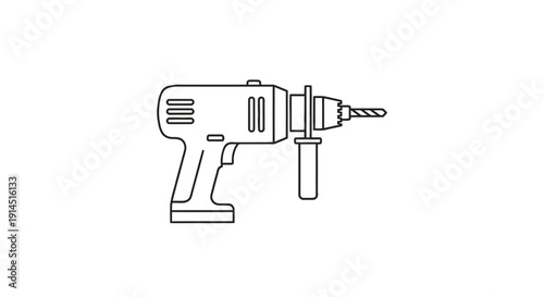 Minimalist Line Art of Power Drill in White Background for Construction and Tool Design
