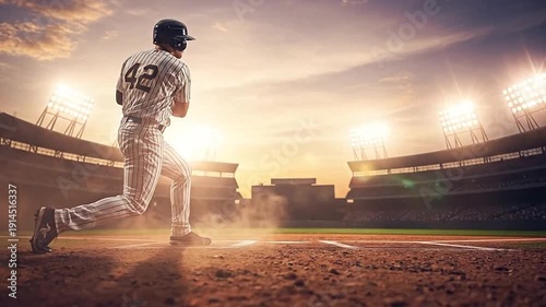 Energetic baseball player running across a brightly lit stadium field during a game at sunset or sunrise, showcasing athletic determination and competitive spirit. 4k video