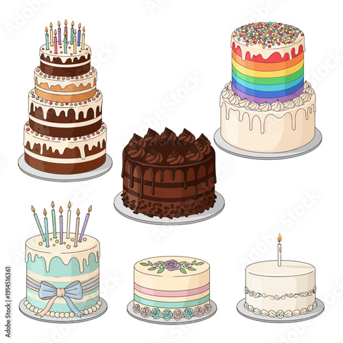Collection of beautifully decorated birthday cakes with candles and frosting