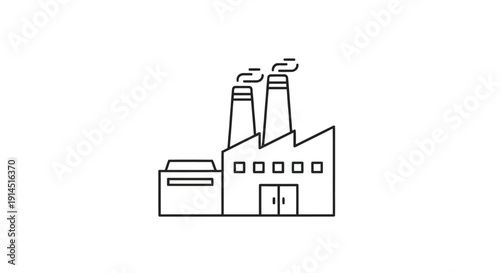 Minimalist Line Drawing of Factory with Smokestacks and Industrial Building