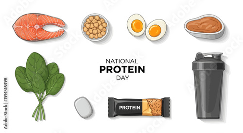 Illustration of various protein rich foods and supplements for National Protein Day, including seafood, eggs, beans, nuts, leafy greens, and protein powder.