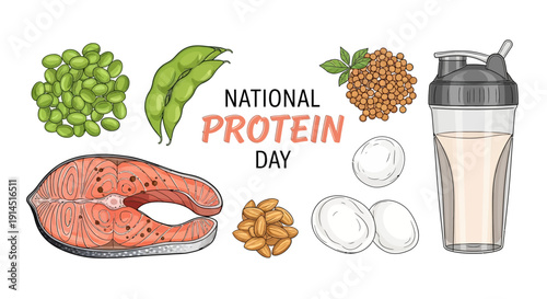 Illustration of various protein rich foods for National Protein Day, including salmon, peas, eggs, nuts, and a protein shake in a blender bottle.