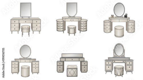 Bedroom Vanity Tables with Stools Plan View Drawing Vector Set for Interior Layout