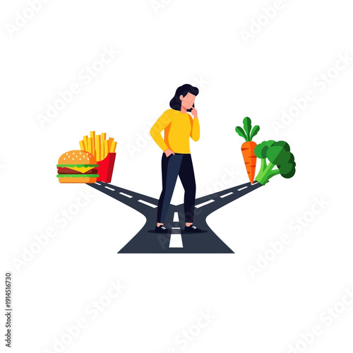 Woman choosing between healthy food and junk food at a crossroads
