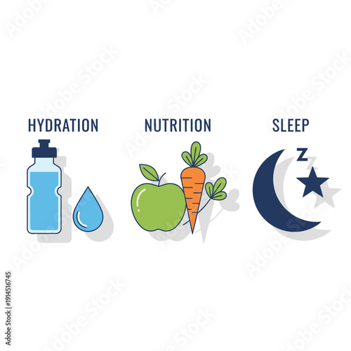 Healthy Lifestyle Icons: Hydration, Nutrition, and Sleep