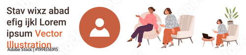 Business communication, teamwork, office collaboration, social interaction, learning, professional discussions. Two people conversing in chairs, minimalist avatar icon. Business communication