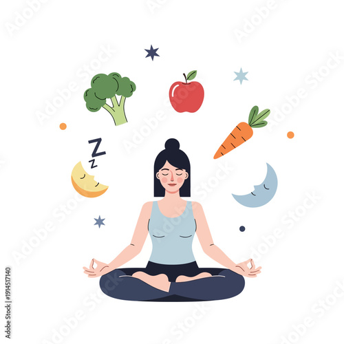 Woman Meditating with Healthy Food and Sleep Symbols, Yoga Lifestyle