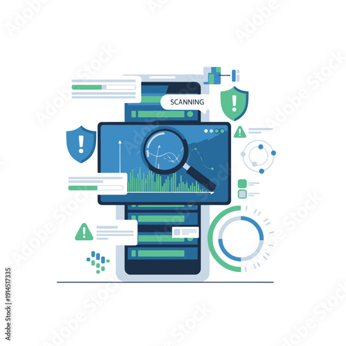Laptop and Smartphone Security Analysis with Magnifying Glass and Shield Icons